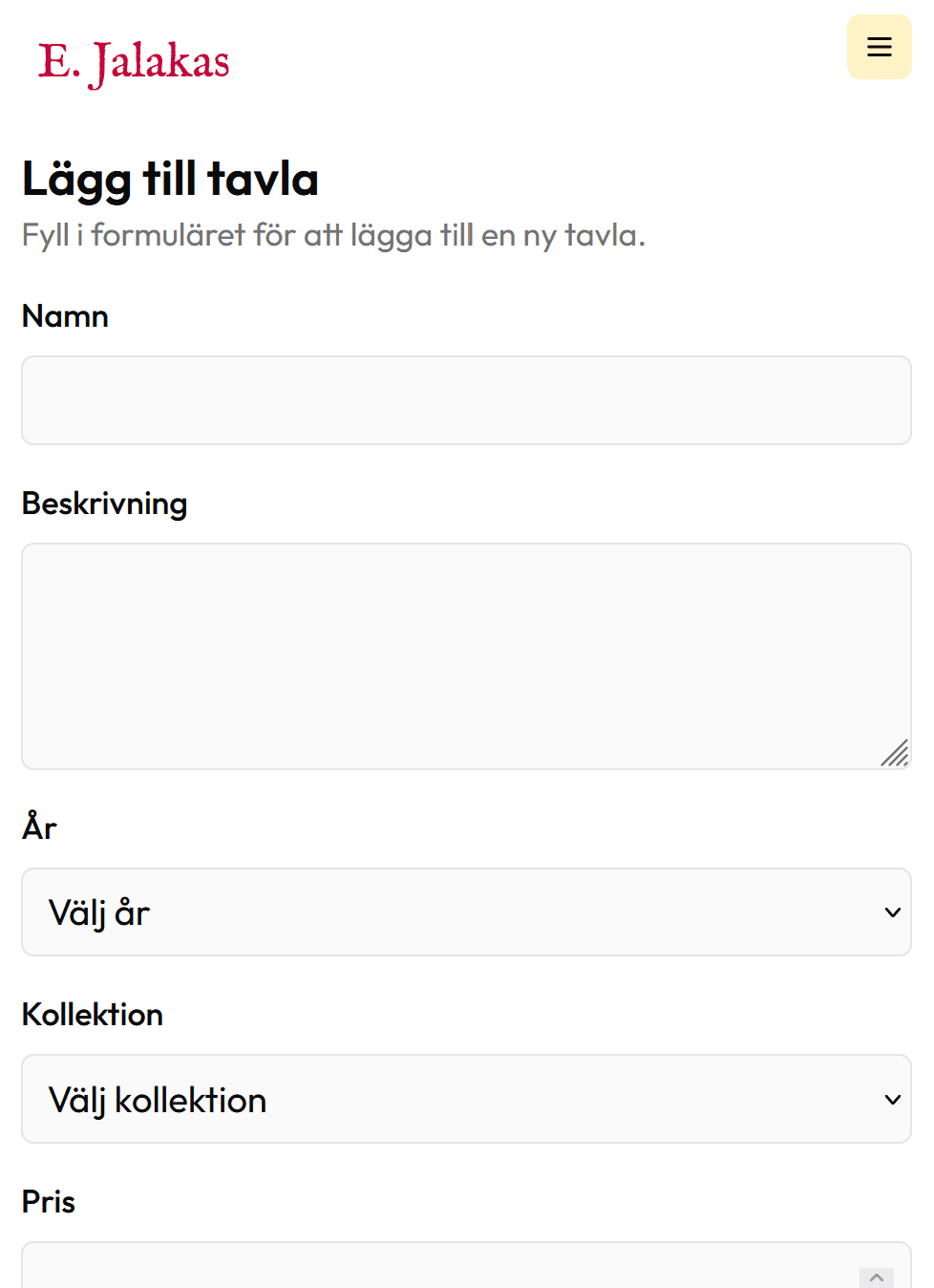 Jalakas Art admin page for managing website content.