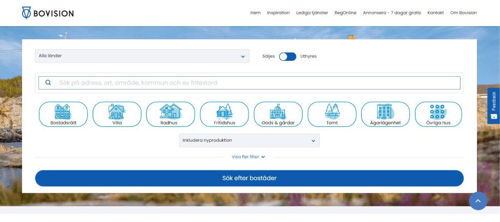 Bovision desktop search with property type filters.