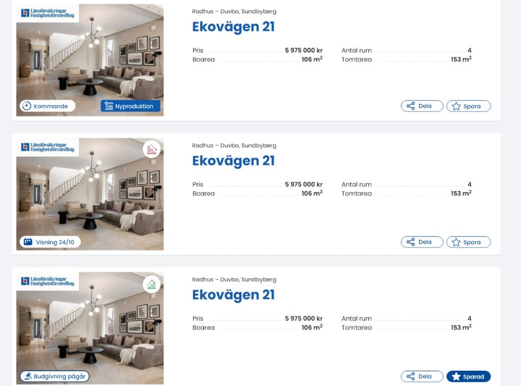 Bovision property listing cards with status badges.