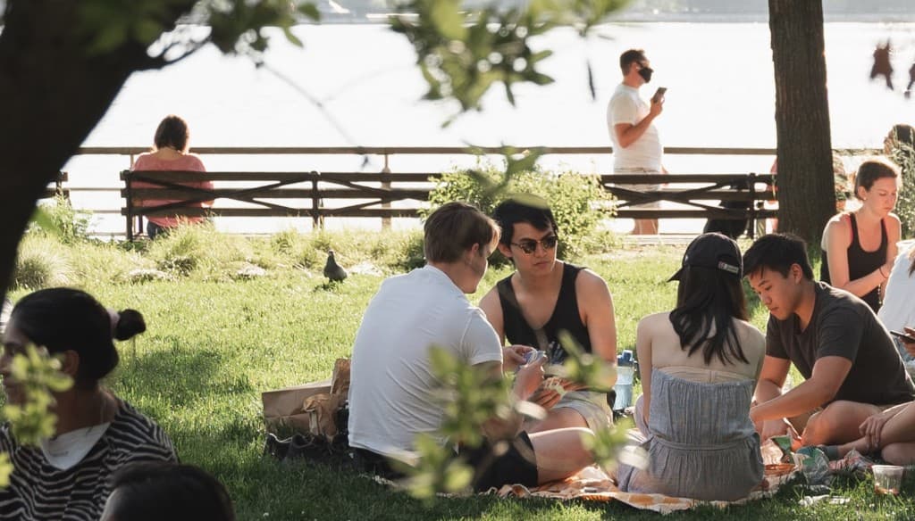 Students socializing outside on the grass.