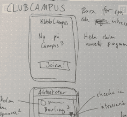 Early hand-drawn wireframe sketch for Club Campus.