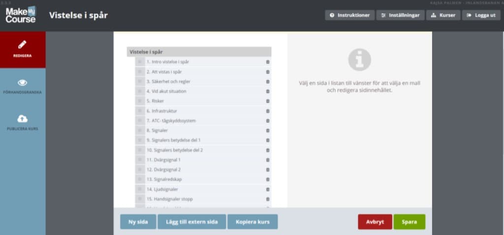 Makemycourse editor view for Inlandståg training modules.