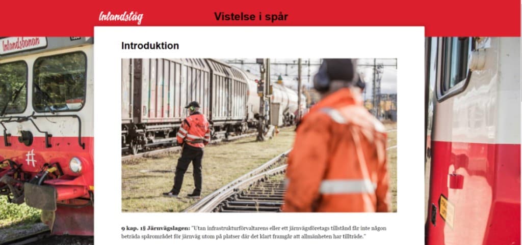 Inlandståg course page showing introductory track safety content.