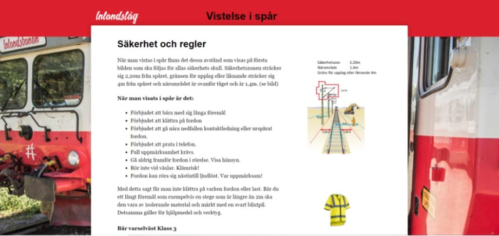 Inlandståg course page with safety rules and spacing guidelines.