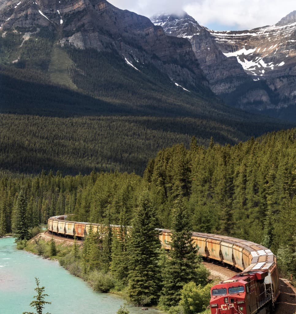 Freight train moving through a forested mountain landscape.